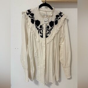 Free People White Blouse with Black Floral Design